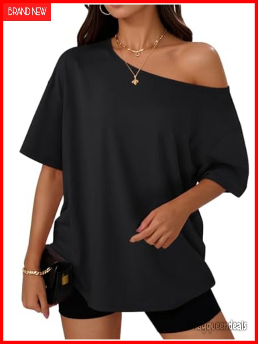 Womens Off Shoulder Oversized T-Shirt Polyester Rayon Spandex Casual Top